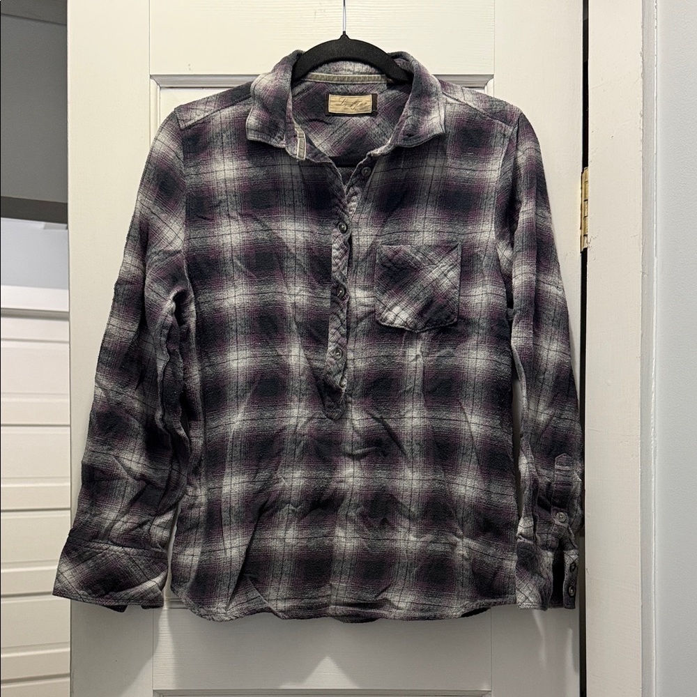 Plaid Button-Up Blouse - Black and Purple